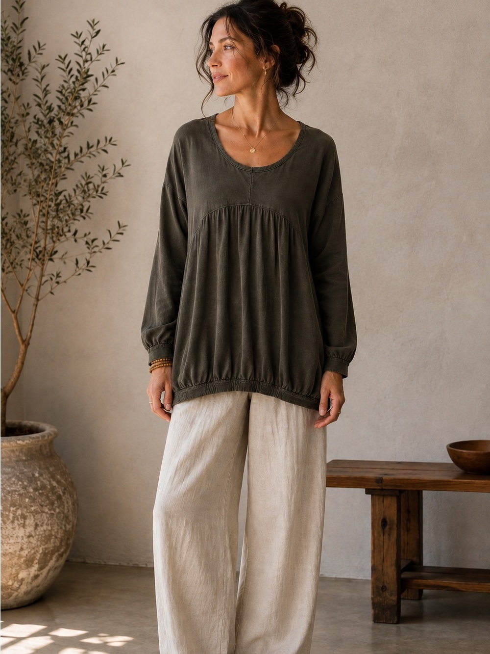 Completo Lino by Arthurio 100% Linen Lagenlook Bubble Hem Top Sz Large Khaki